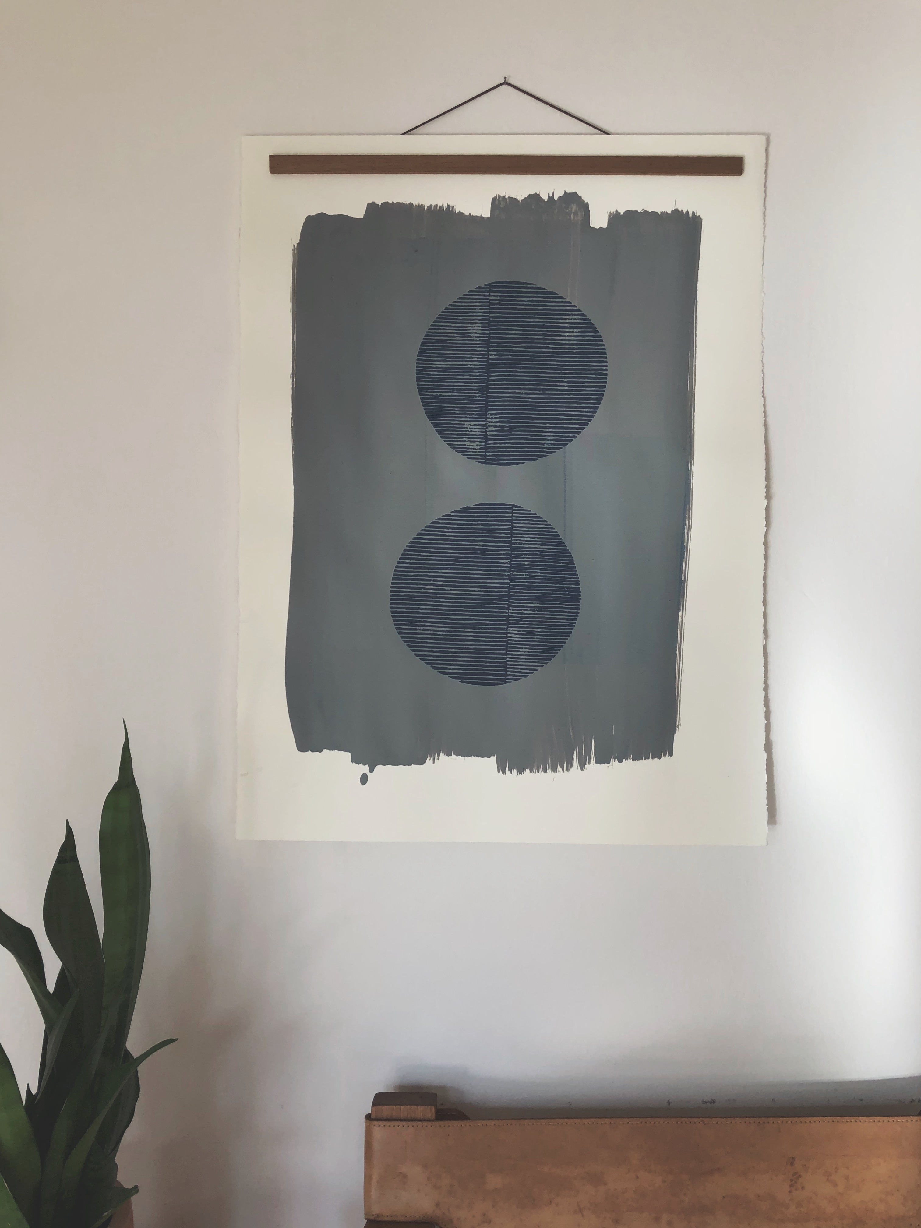Original Block Print /.  "Two Navy Open Circles Over Silver"