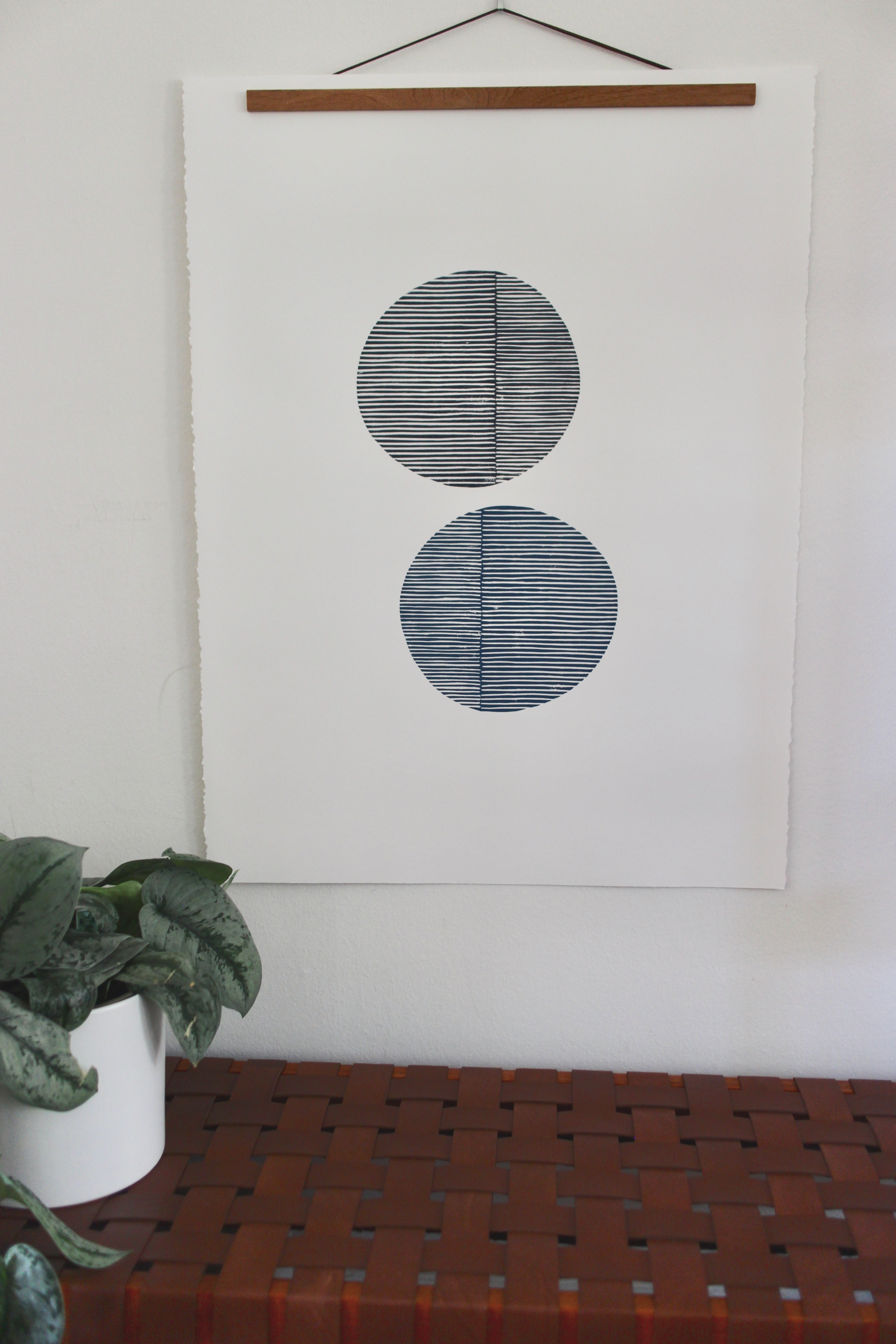 Original Block Print /.  "Two Open Circles Marine and Navy Blue"