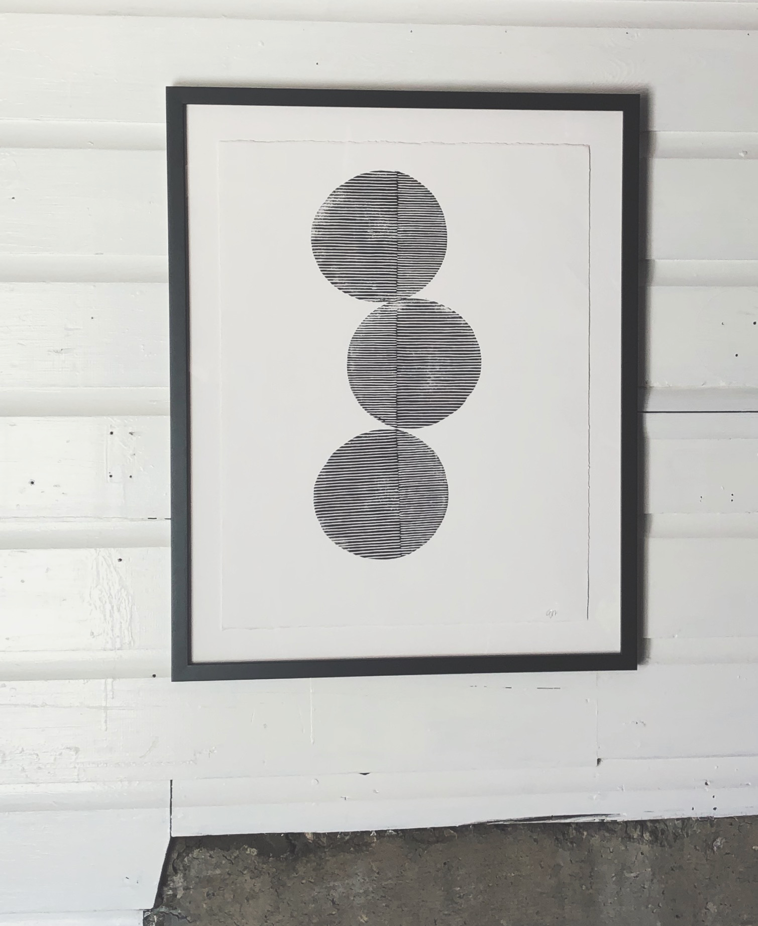 Original Block Print - Framed /.  "Vertical Three Open Circles"